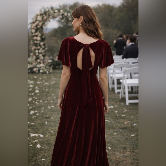 Azazie Burgundy Velvet Maxi Dress Flutter Sleeve Formal Bridesmaid A10 - Picture 2 of 6